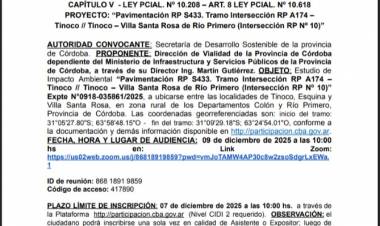 #PROVINCIAL : La Provincia convoca a Audiencia Pública Ambiental por la pavimentación de la Ruta Provincial S433