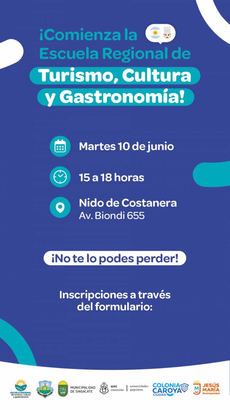 #ColoniaCaroya : Últimos días para inscribirse en la Escuela Regional de Turismo, Cultura y Gastronomía