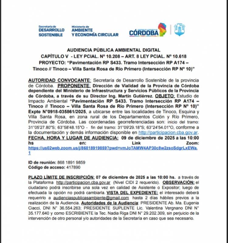 #PROVINCIAL : La Provincia convoca a Audiencia Pública Ambiental por la pavimentación de la Ruta Provincial S433