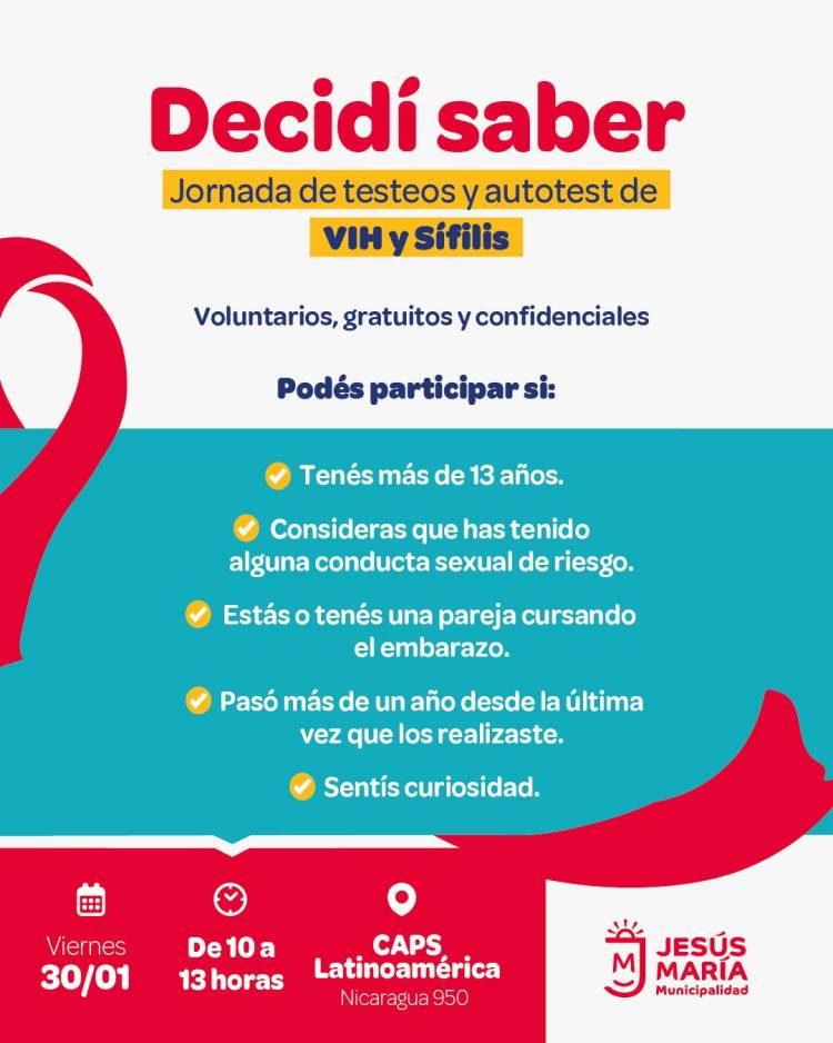 #JESUSMARIA: Decidí Saber: jornada de testeos voluntarios, gratuitos y confidenciales de VIH y Sífilis