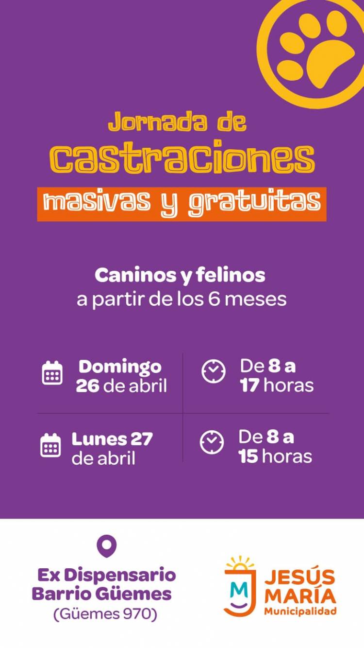 #JESUSMARIA -  realizará jornadas masivas de castración para perros y gatos