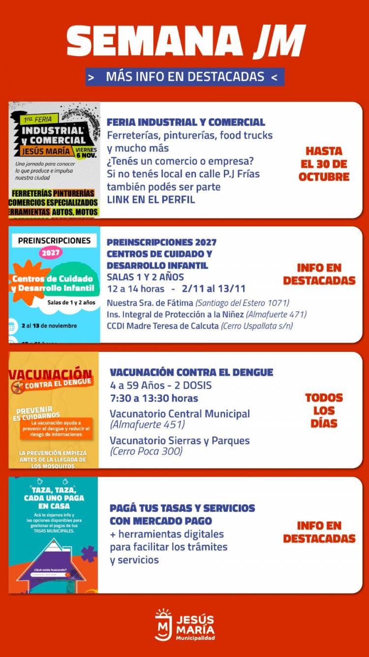 #JESUSMARIA: actividades, capacitaciones y servicios municipales para los próximos días
